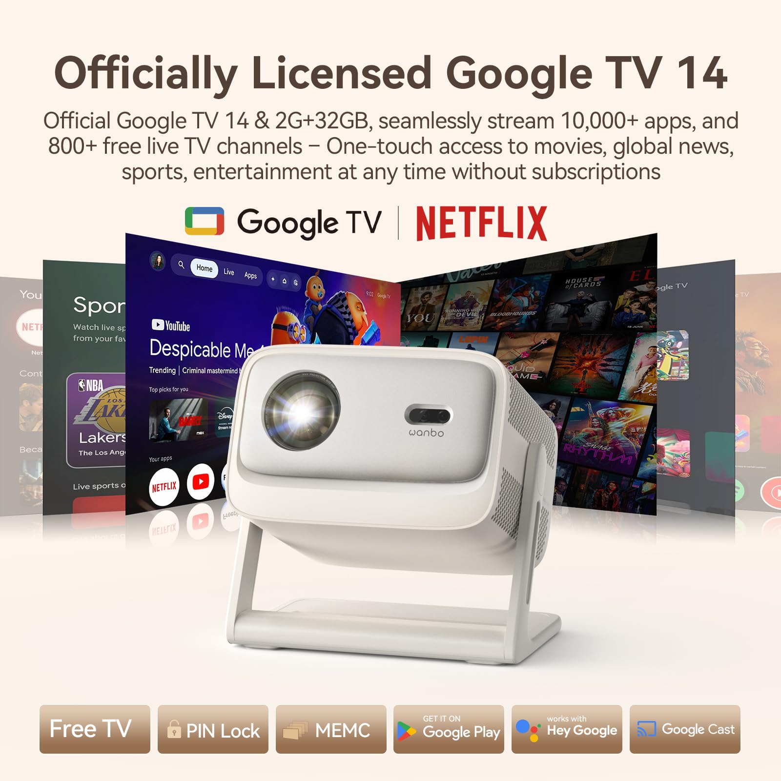 Projetor inteligente oficial licenciado Google TV 4K com WiFi e